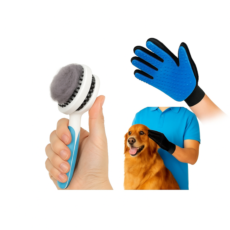 Kit Luva Nano Magnética + Escova Removedora de Pelos para Pets Cães e Gatos