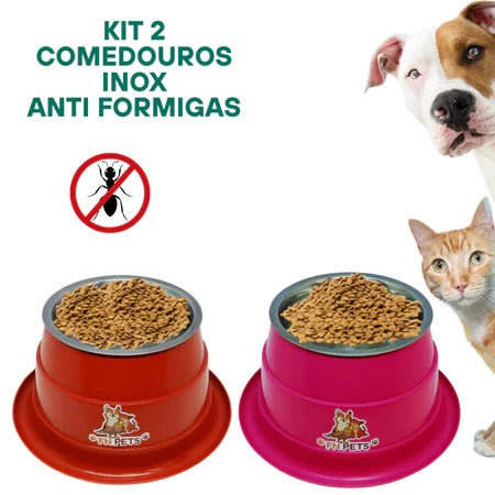 Kit FN Pets Antiformigas – 2 Comedouros + 1 Bebedouro com Tigela Inox Removível (300ml)